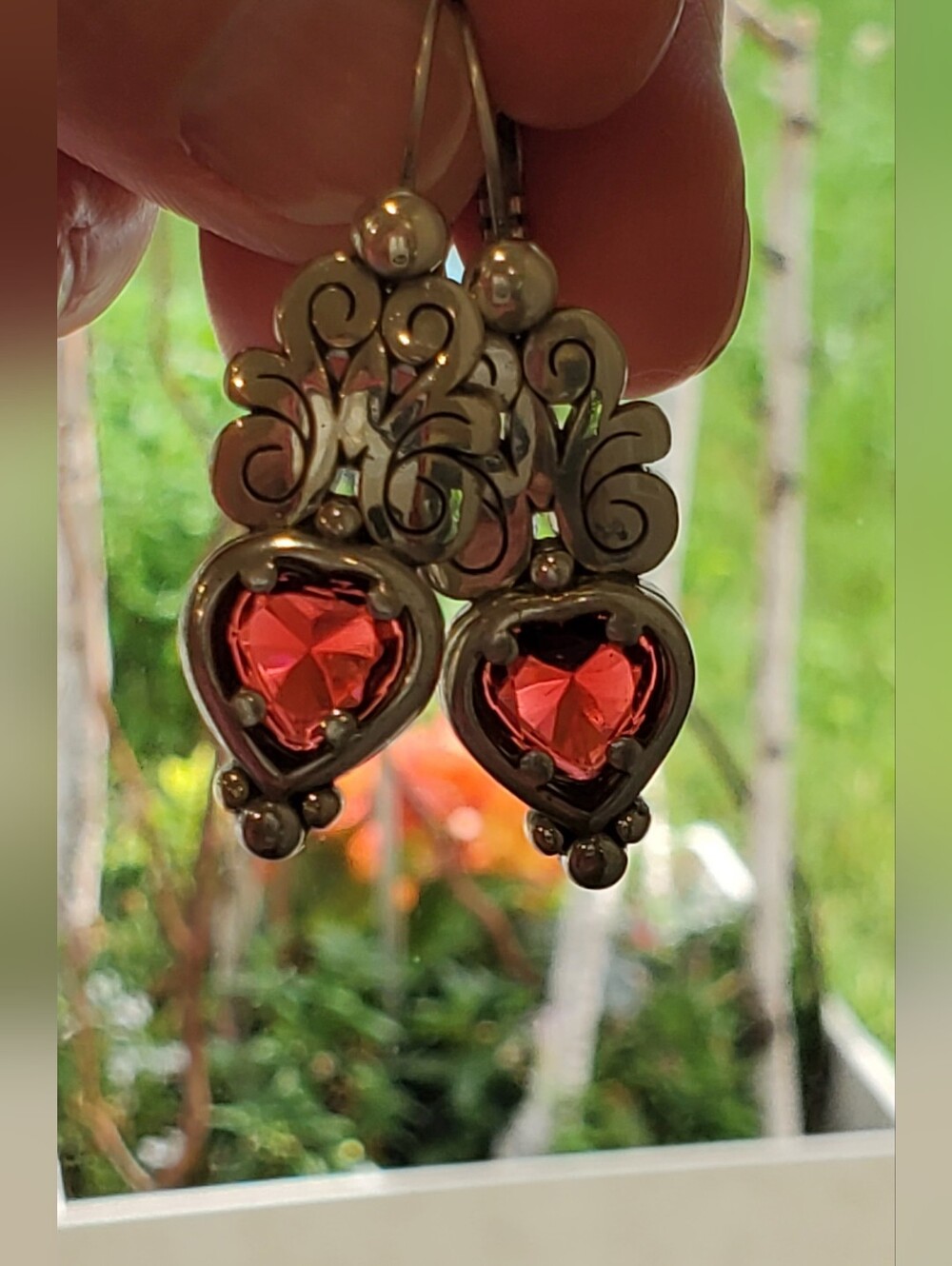 Brighton Silver Tone Heart Drop Earrings with Garnet Color Stones - Picture 4 of 7